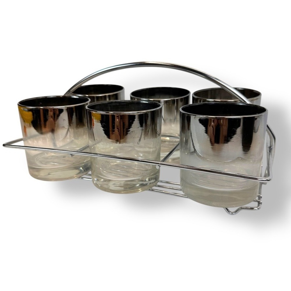 VTG MCM Dorothy Thorpe Silver Fade Glassware Chrome Caddy Set of 6